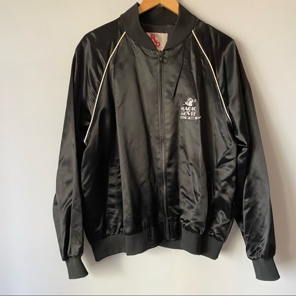Vintage Magic & Movie Hall of Fame black satin bomber jacket - size XXL